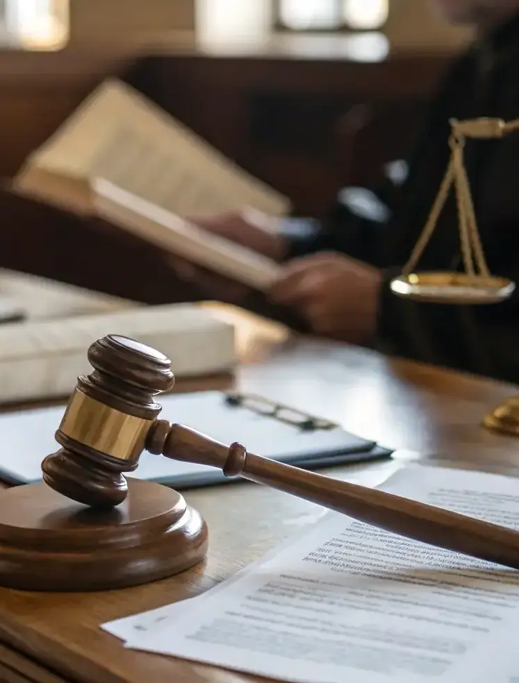 A gavel striking a sound block in a courtroom, with legal documents and a lawyer in the background, representing Ferradini Associati's proficiency in business litigation.