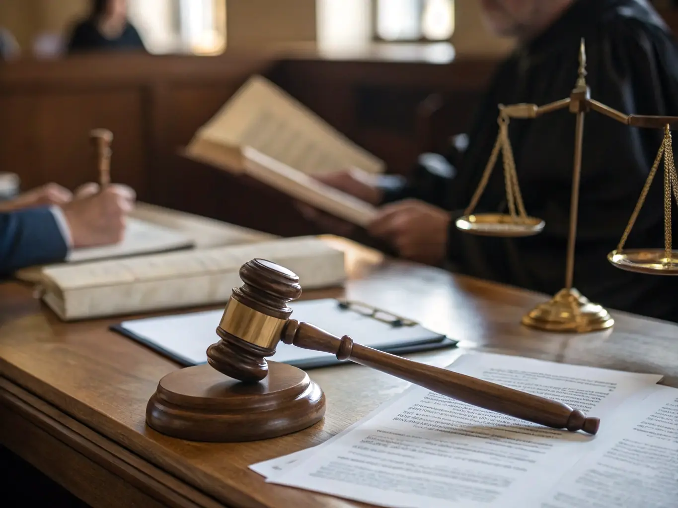 A gavel striking a sound block in a courtroom, with legal documents and a lawyer in the background, representing Ferradini Associati's proficiency in business litigation.