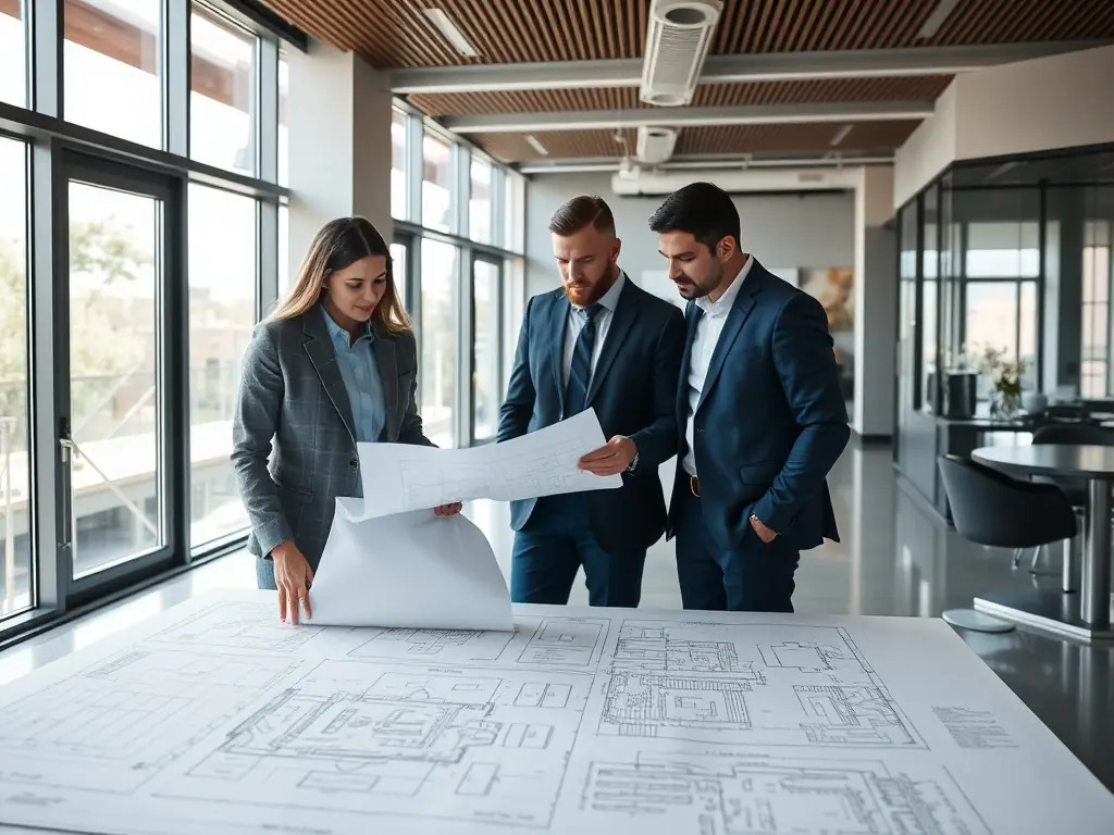 An architect and a lawyer reviewing blueprints in a modern office, symbolizing Ferradini Associati's expertise in corporate structuring.